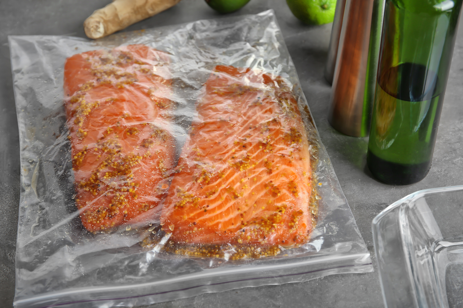 Zip Lock Bag with Salmon Fillet in Honey Mustard Marinade