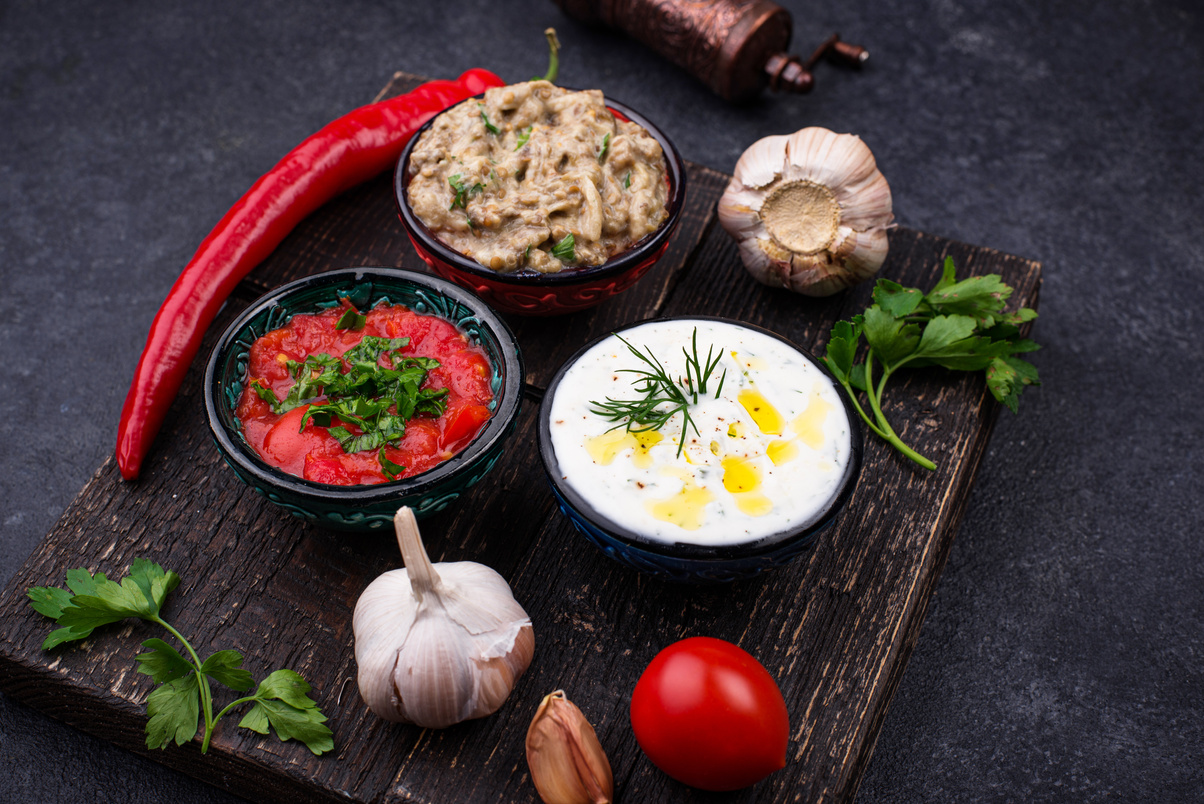 Baba Ganoush, Tzatziki and Tomato Ezme