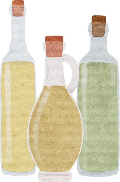 Olive oil bottles and olive oil jar hand drawn watercolor