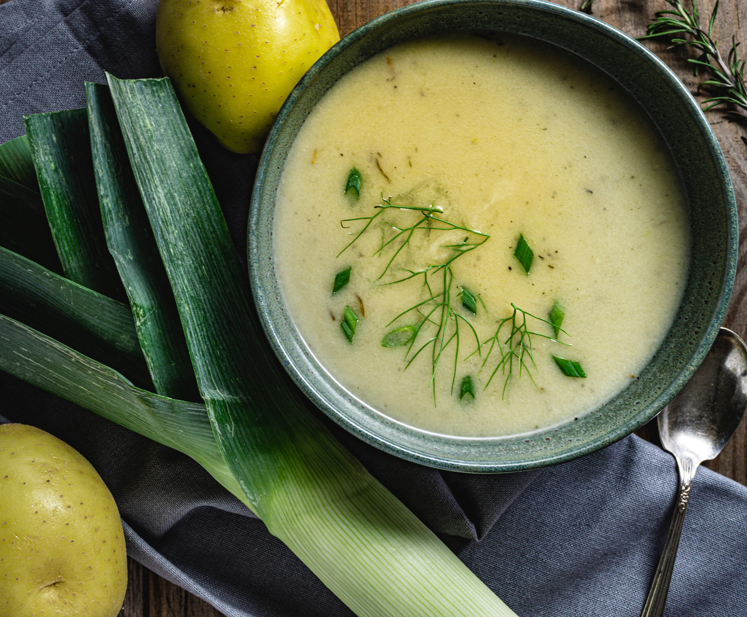 Vegan, potato and leek soup.