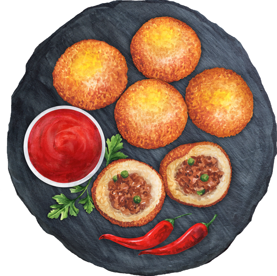 Fried arancini with sauce watercolor